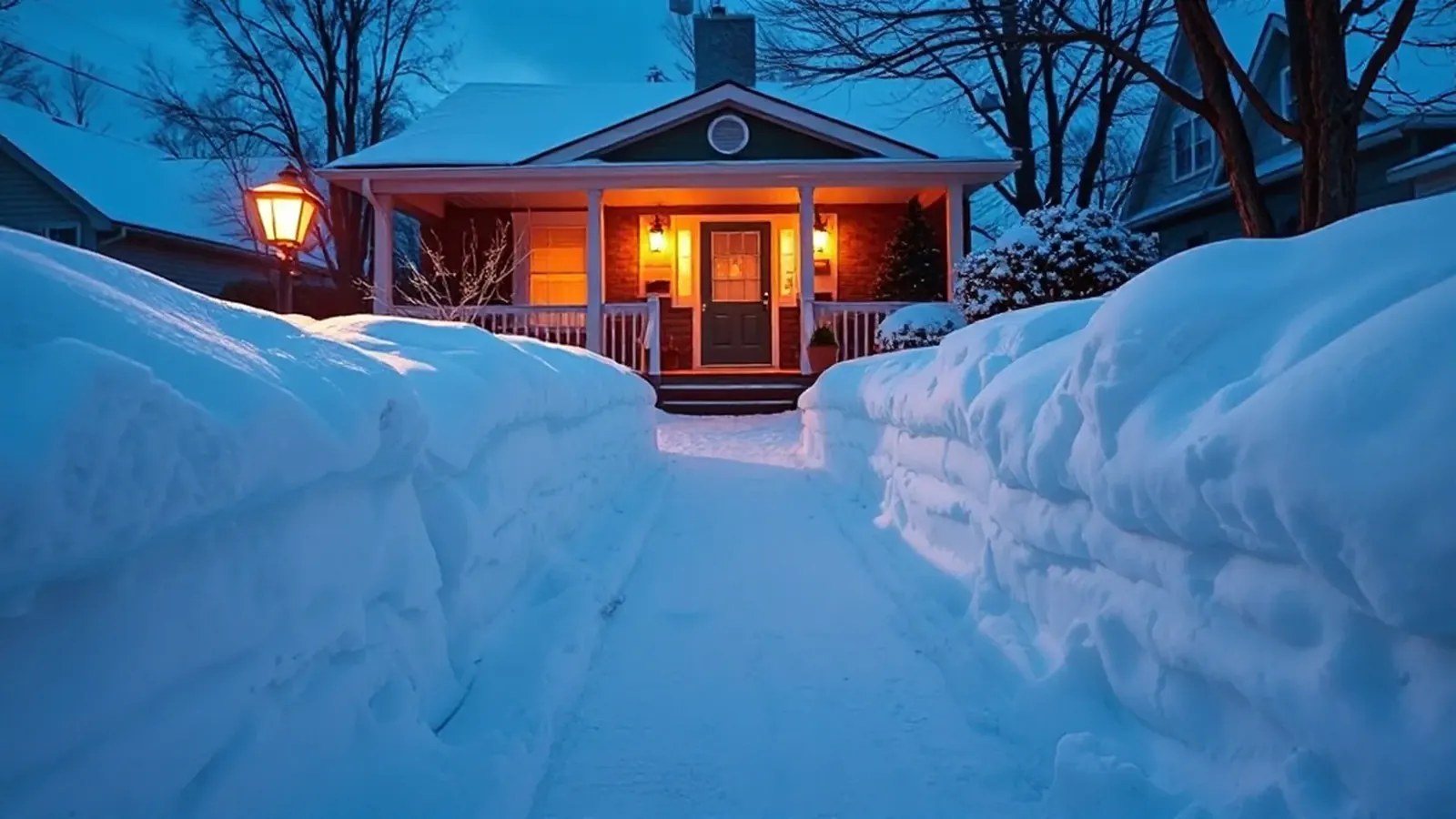 A snowy walkway cleared between tall snowbanks leading to a lit porch at dusk