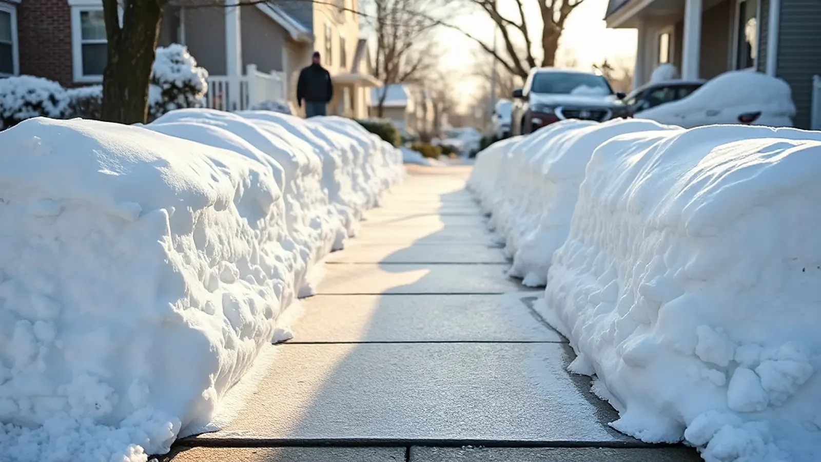 A cleared concrete walkway between tall snowbanks on a sunny winter morning